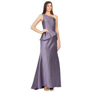 Badgley Mischka Lustrous Lilac One-Shoulder Peplum Evening Gown Dress