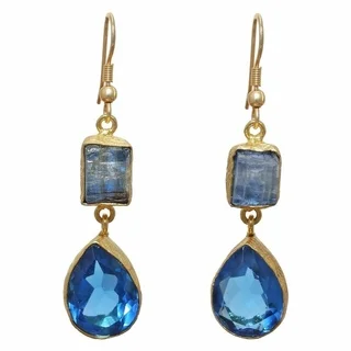 Sitara Collections Kyanite Rough Gold Overlay Gemstone and Blue Hydro Glass Earrings (India)