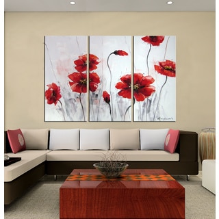 Hand-painted Oil 'Red Flowers' Gallery-wrapped Canvas Art Set