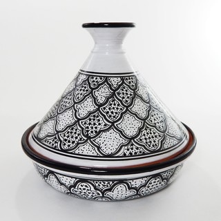 Black/ White Honeycomb Ceramic 12-inch Cookable Tagine (Tunisia)