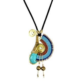 Artsy Brass Blue Turquoise Macrame Suede Necklace (Thailand)
