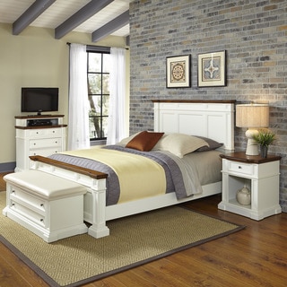 Home Styles Americana White and Oak Bed, Night Stand, Media Chest, and Upholstered Bench