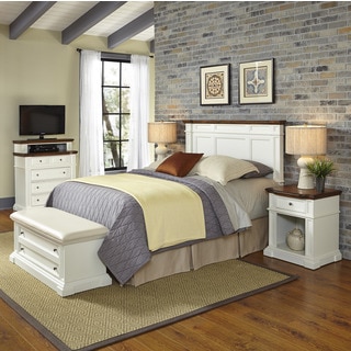 Home Styles Americana White and Oak Headboard, Two Night Stands, Media Chest, and Upholstered Bench