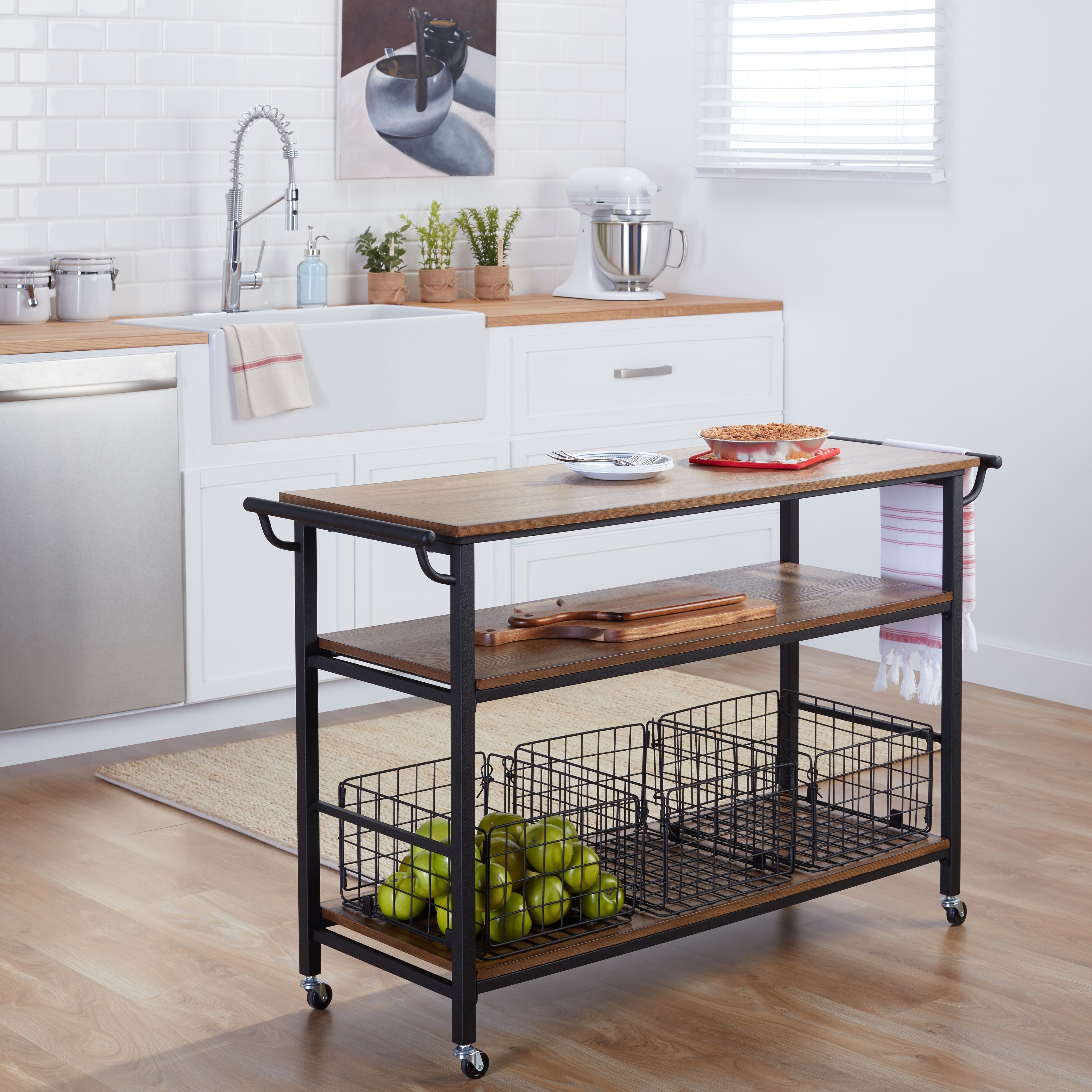 Metal Frame Rustic Kitchen Cart with Wood Tabletops and Shelves
