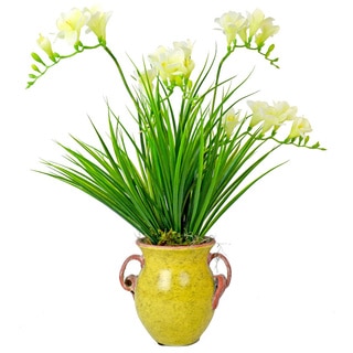 Creative Displays White Forsythia/ Green Grass in Aged Yellow Ceramic Pot
