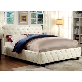 Furniture of America Emmaline Ivory Leatherette Platform Bed with Bluetooth Speakers