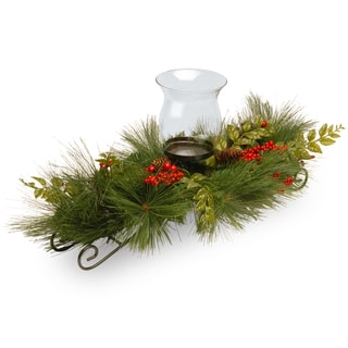 Mixed Bristle Pine 30-inch 1-candle Holder with Glass Cup and Red Berries/ Cones