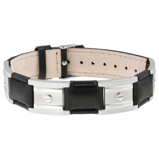 Sabona Black Leather Stainless Nailshead Magnetic Bracelet