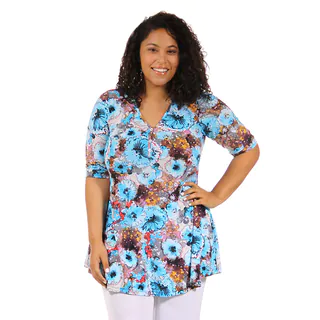 24/7 Comfort Apparel Women's Plus Size Abstract Floral Henley Tunic