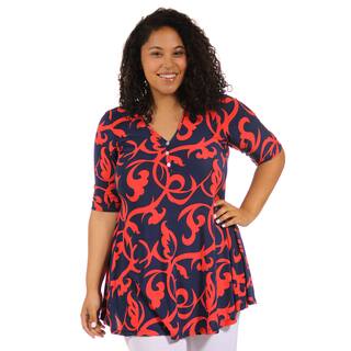 24/7 Comfort Apparel Women's Plus Size Abstract Red and Navy Tunic