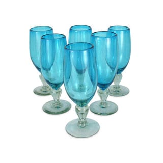Blown Glass Set of 6 'Aquamarine' Goblets (Mexico)
