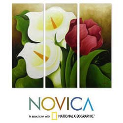Handmade Calla Lilies and Tulip Multicolor Triptych Floral Original Art (Mexico)