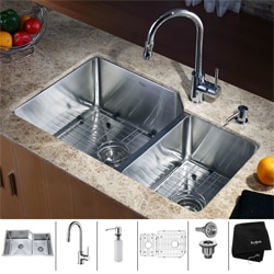 KRAUS 32 Inch Undermount Double Bowl Stainless Steel Kitchen Sink with Pull Down Kitchen Faucet and Soap Dispenser