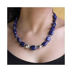 Forever Love Oval Lapis Lazuli Beads with 925 Sterling Silver Rondelle Beads and Lobster Claw 19 Inch Womens Necklace (India)