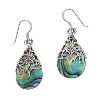 Handmade Floral Vine Ornate Teardrop Natural Shell .925 Silver Earrings (Thailand)