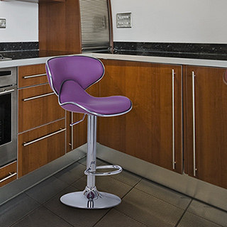 Adeco Purple Cushioned Leatherette Adjustable Saddleback Barstool Chair with Chrome Finished Pedestal Base (Set of 2)
