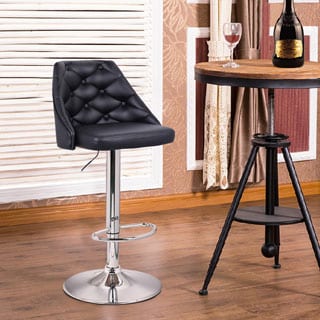 Adeco Leatherette Adjustable Full Button Tufted Back Black Barstool Chair with Chrome Finish Pedestal Base