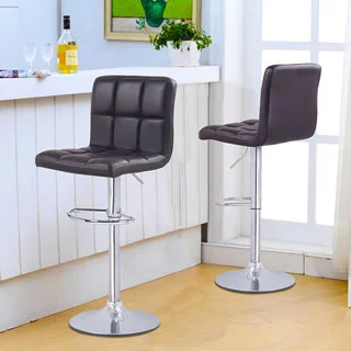 Adeco Brown Faux Leather, Chrome Base, Adjustable Barstools (Set of 2)