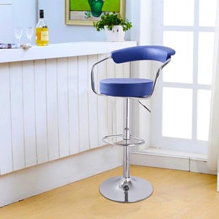 Adeco Blue Leatherette Curved Back Adjustable Barstool Chair with Chrome Arms and Base (Set of 2)