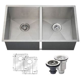 MR Direct 3322D 90 Double Equal Rectangular Stainless Steel Kitchen Sink, Two Grids, and Standard and Basket Strainers