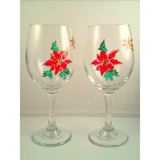 Atkinson Creations Hand-painted Stained Glass Red Poinsettia 20-ounce Beautiful Holiday Wine Glasses with Crystals (Set of 2)