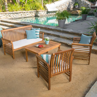Desmond Outdoor 4-piece Acacia Wood Chat Set with Cushions by Christopher Knight Home