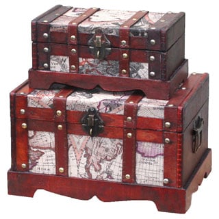 Old World Map Wooden Trunk (Set of 2)