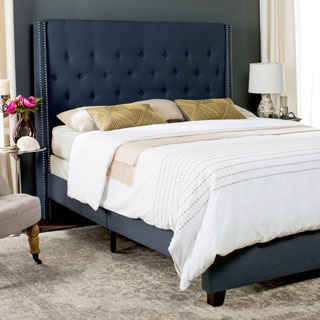 Safavieh Winslet Navy Linen Upholstered Tufted Wingback Bed (Twin)