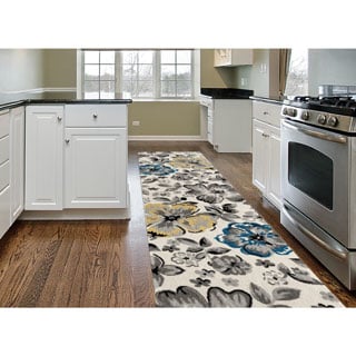Contemporary Yellow/ Blue Floral Beige Runner Rug (2' x 7'2)