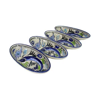 Handmade Set of 4 Le Souk Ceramique Aqua Fish Design Small Stoneware Oval Platters (Tunisia)