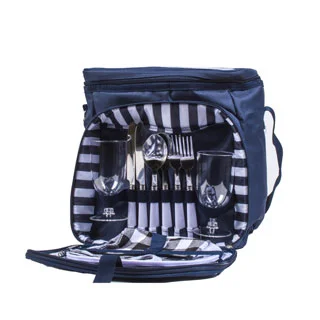 Insulated Blue Canvas Lunch Tote Backpack Cooler with Utensils and Plates