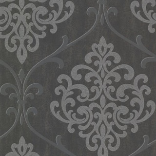 Brewster 2542-20718 Ambrosia Charcoal Glitter Damask Wallpaper