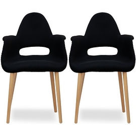 2xhome - Set of Two (2) - Black - Upholstered Organic Arm Chair Armchair Fabric Chair Black with Light brown Natural Wood Legs