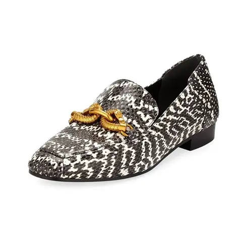 Tory Burch Black White Leather Jessa Loafer Gold Buckle