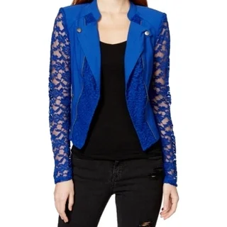 Material Girl NEW Blue Size Medium M Junior Lace Trim Moto Jacket