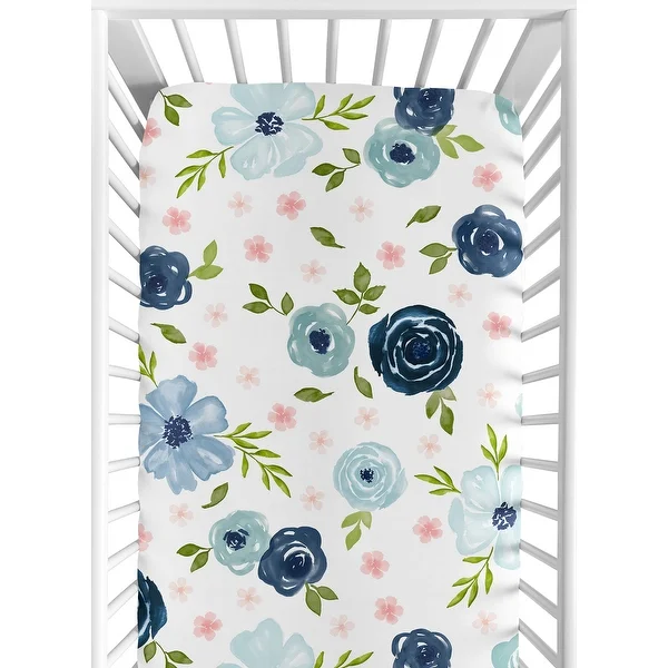 Navy Blue and Pink Watercolor Floral Girl Fitted Crib Sheet - Blush, Green and White Shabby Chic Rose Flower