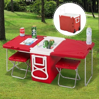 Costway Multi Function Rolling Cooler Picnic Camping Outdoor w/ Table & 2 Chairs Red