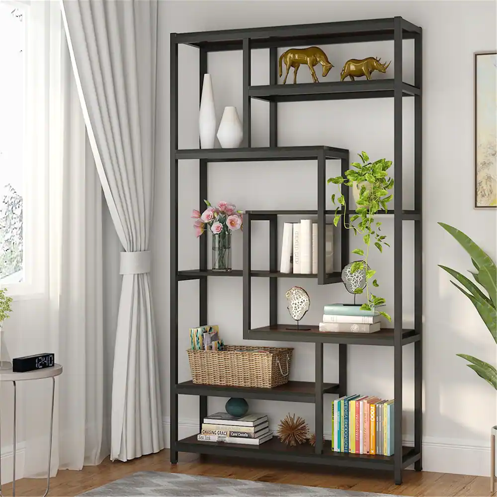 8-Shelves Staggered Bookshelf Industrial Etagere Bookcase - Black