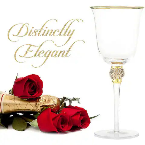 Cheer Collection Elegant Sparkling Studded Long Stem Rose Wine Glass with Gold or Silver Rim