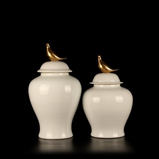 G Home Collection Luxury White Solid Color Accent Porcelain Jar With Copper Bird Lid