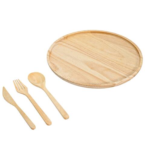 Handmade Unique Circle Shaped Plate and Utensils Natural Rubber Tree Wood 4pcs (Thailand)