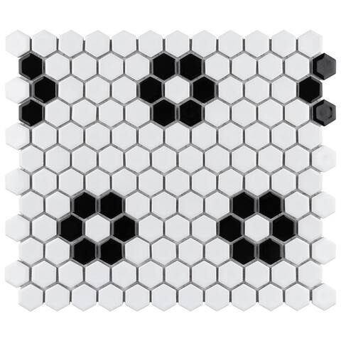 SomerTile Metro Hex Glossy White with Heavy Flower 10.25" x 11.86" Porcelain Mosaic Tile