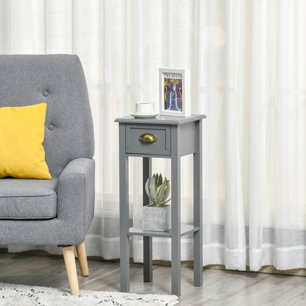 HOMCOM 2-Tier Night Stand with Drawer, Narrow End Table with Bottom Shelf, for Living Room or Bedroom