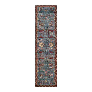 Hand Knotted Traditional Tribal Wool Light Blue Area Rug - 2' 6" x 9' 6"