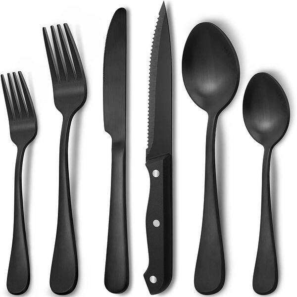 48-Piece Matte Black Silverware Set for 8 by Hiware, Stainless Steel Flatware Set with Steak Knives