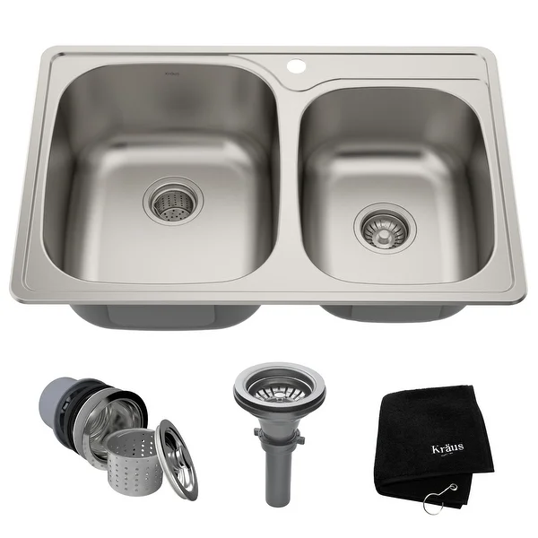 KRAUS Stainless Steel 33 inch 60/40 Topmount Drop-in Kitchen Sink