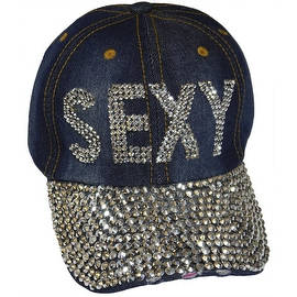 Sexy Sparkling Bedazzled Studded Baseball Cap Hat, Denim, Dark Blue