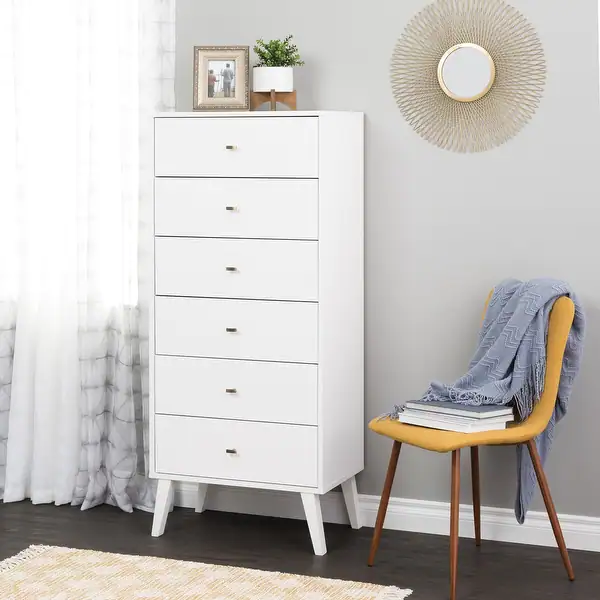 Prepac Milo Mid-Century Modern 6 Drawer Dresser, Tall Chest of Drawers, Retro Bedroom Furniture, Lingerie Dresser