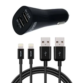 Skiva PowerFlow Duo 24 Watts Fastest SmartIC 2-Port USB Car Charger with '2 units of 3.2ft Apple MFi Certified Lightning Cables'
