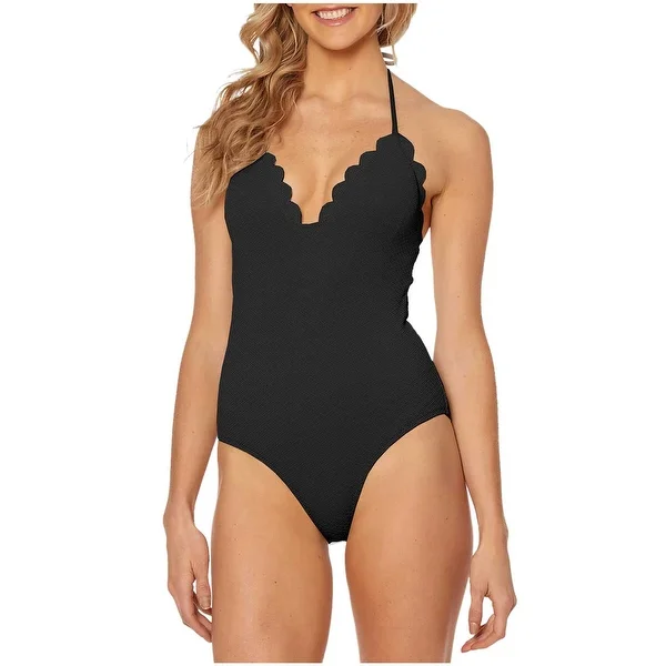 Jessica Simpson Womens Scalloped Edge Textured One-Piece Swimsuit Black X-Large